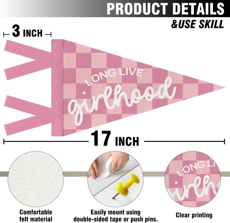 JXREQ Long Live Girlhood Pennants Banners Flags for Girls Nursery Room Decor, Pink Checkered Preppy Girly Canvas Wall Art Decor for Girls Room Bedroom Dorm Apartment Nursery Toddler, 8x17 Inch - Image 2